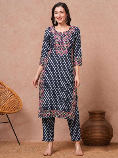 Ethnic Floral Printed & Embroidered Straight Fit Kurta with Pant - Navy Blue