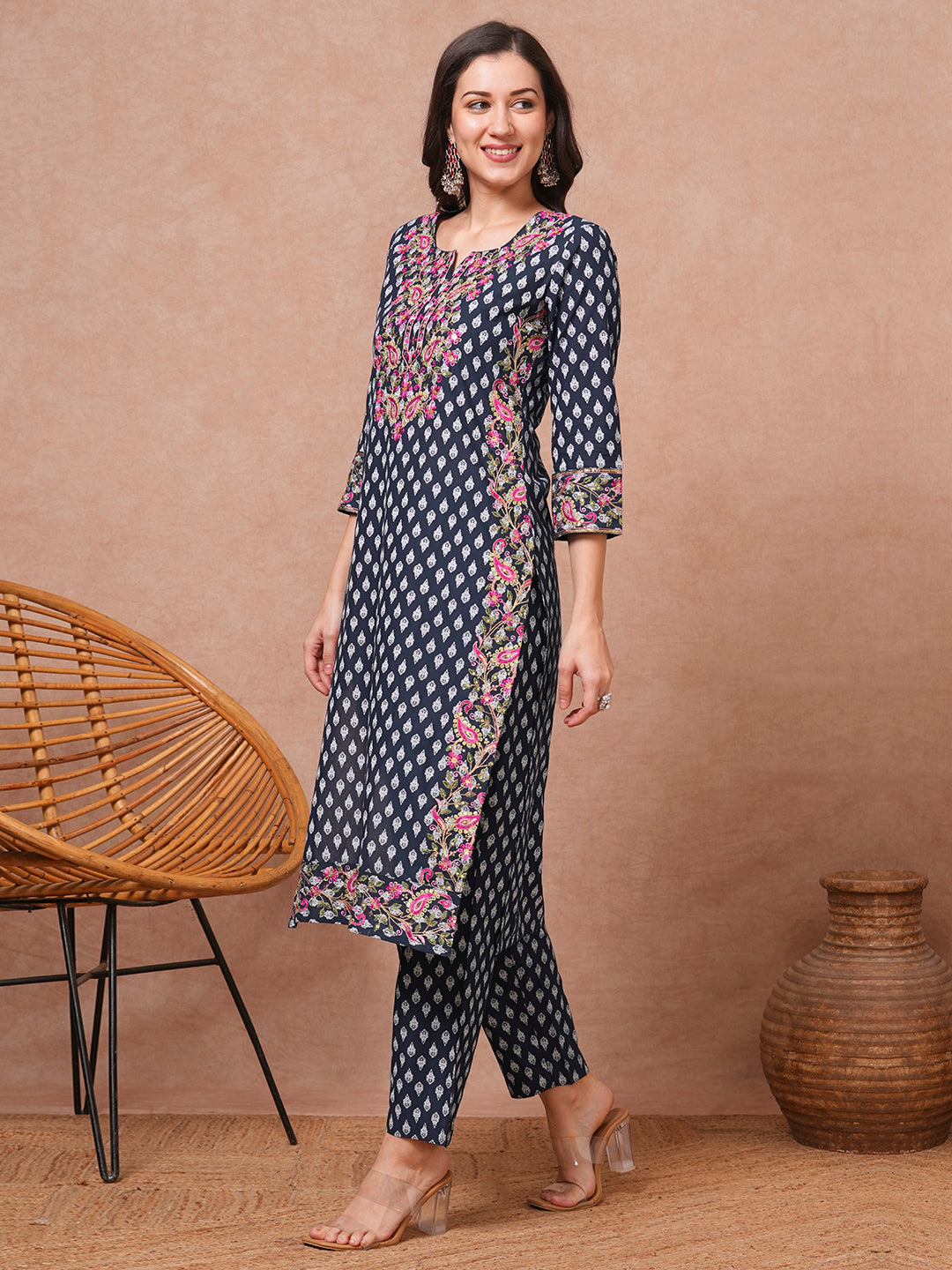 Ethnic Floral Printed & Embroidered Straight Fit Kurta with Pant - Navy Blue