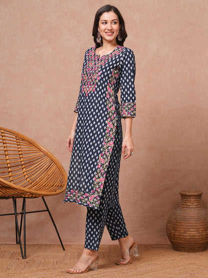 Ethnic Floral Printed & Embroidered Straight Fit Kurta with Pant - Navy Blue