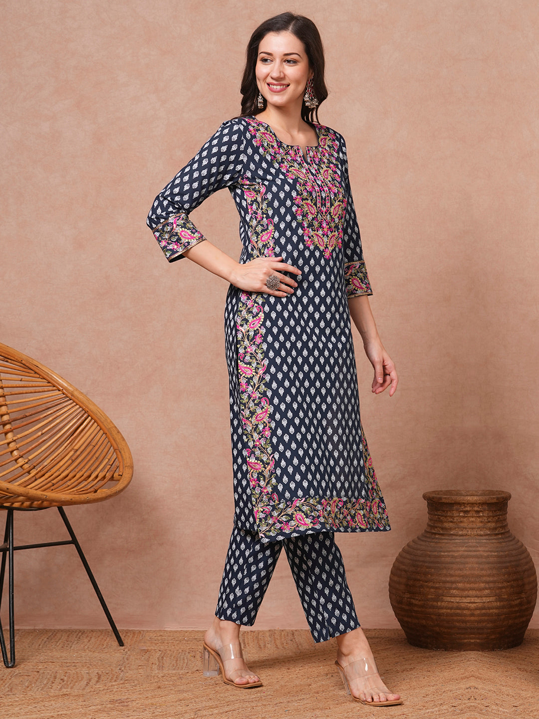 Ethnic Floral Printed & Embroidered Straight Fit Kurta with Pant - Navy Blue