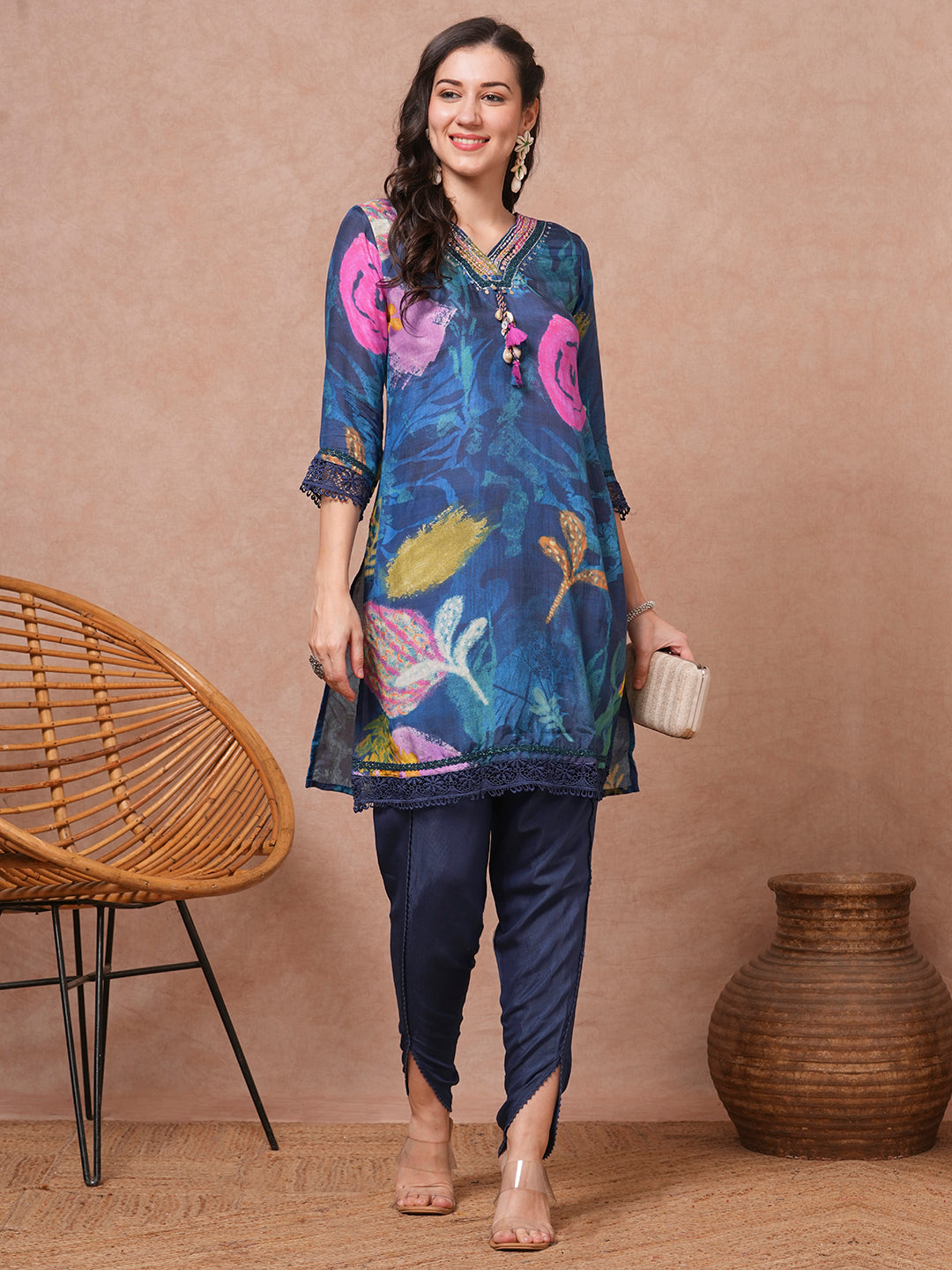 Abstract Floral Printed & Embroidered Straight Fit Kurta with Pant - Blue