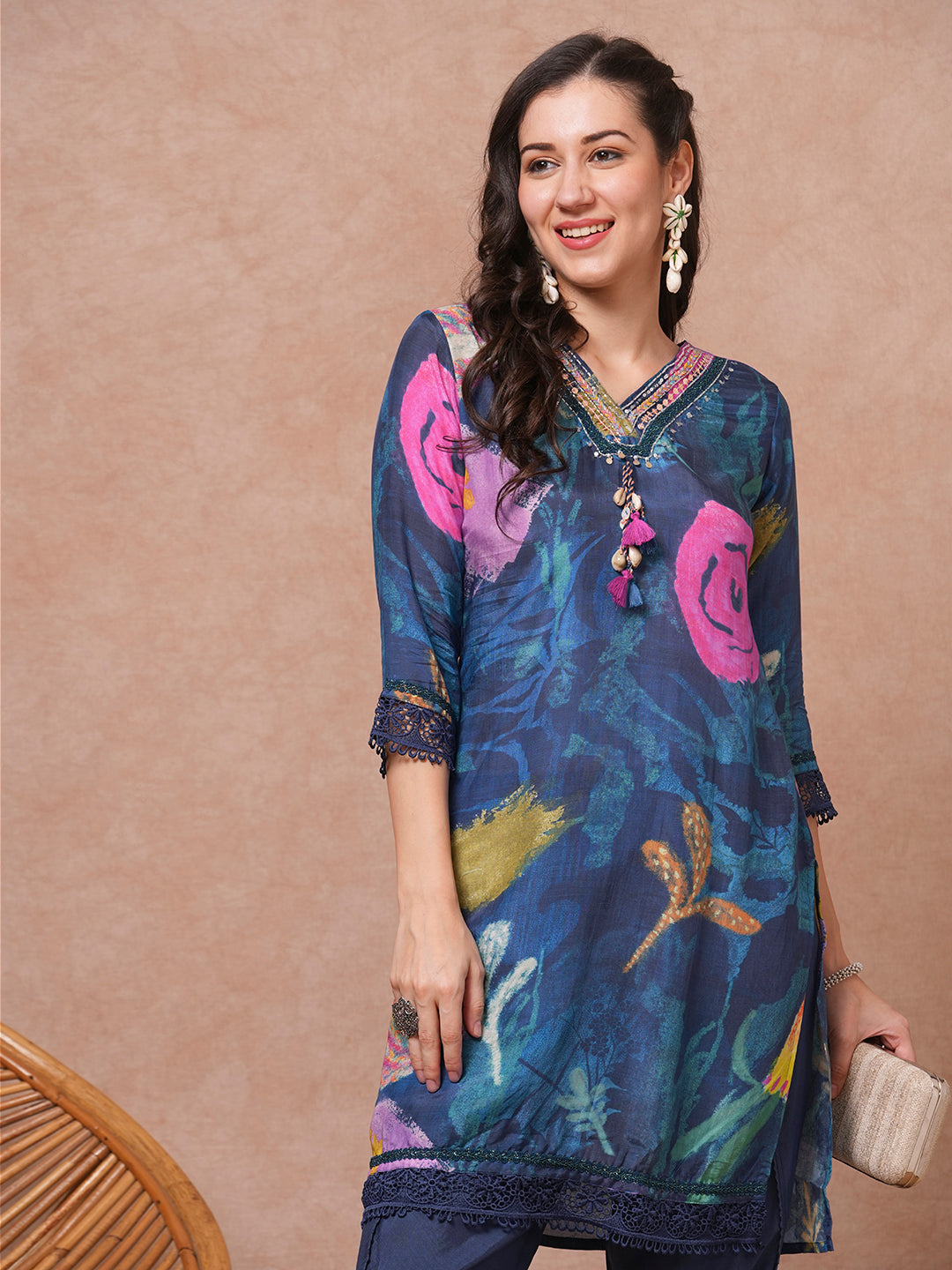 Abstract Floral Printed & Embroidered Straight Fit Kurta with Pant - Blue