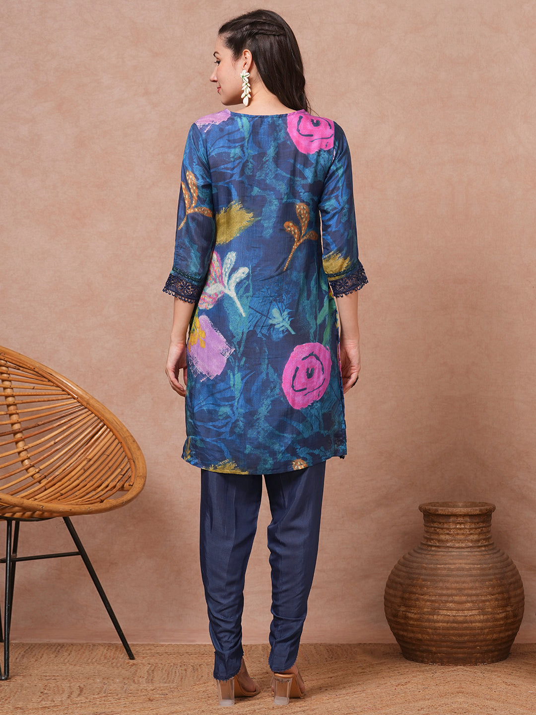 Abstract Floral Printed & Embroidered Straight Fit Kurta with Pant - Blue