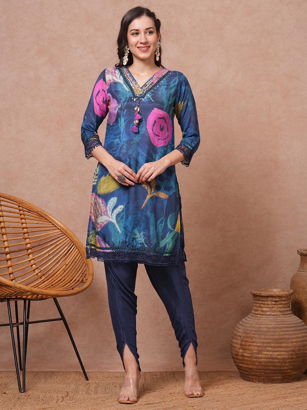 Abstract Floral Printed & Embroidered Straight Fit Kurta with Pant - Blue