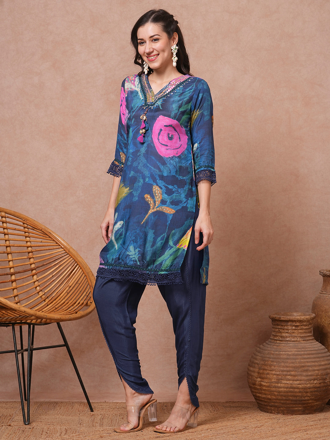 Abstract Floral Printed & Embroidered Straight Fit Kurta with Pant - Blue