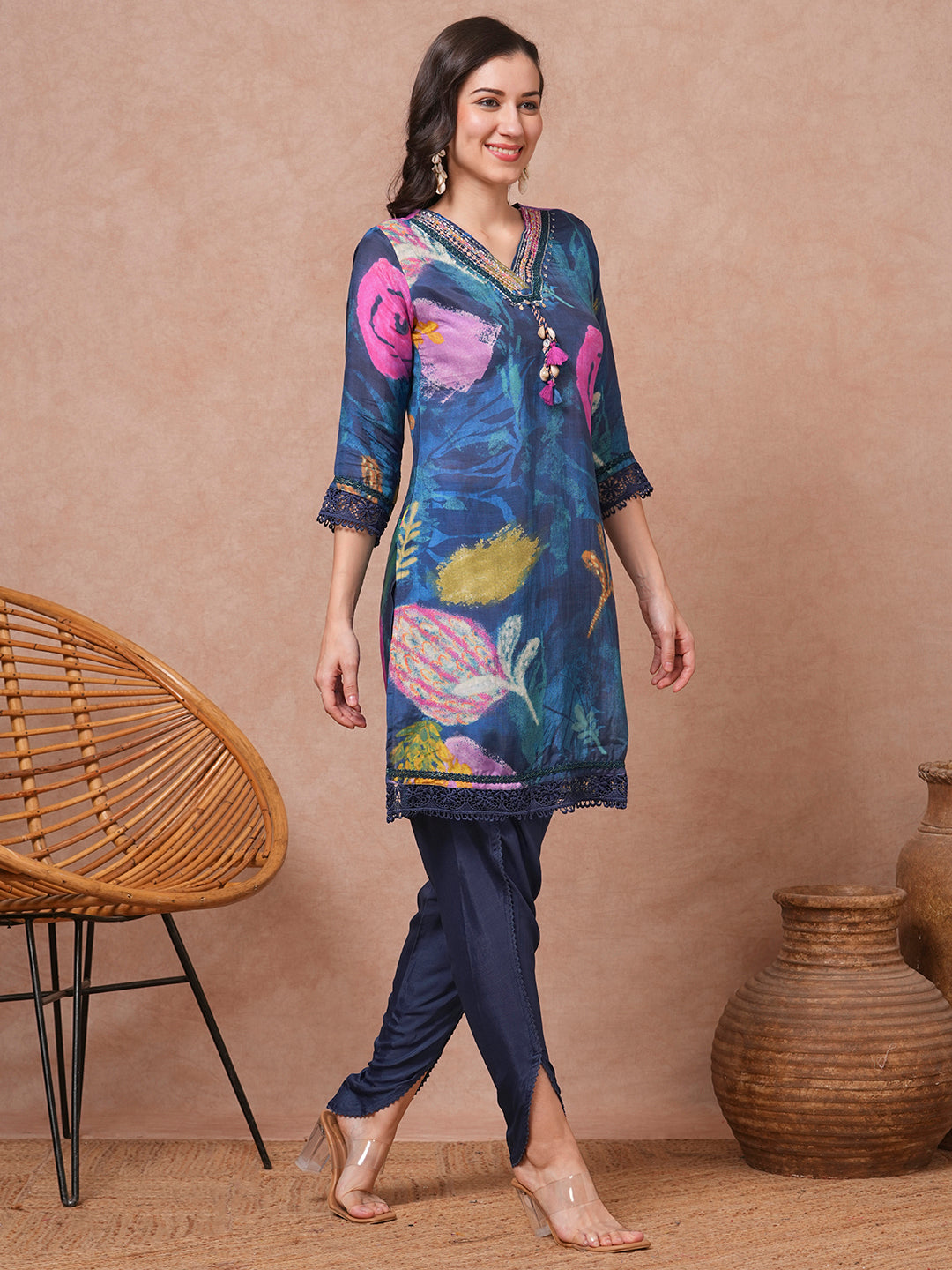 Abstract Floral Printed & Embroidered Straight Fit Kurta with Pant - Blue