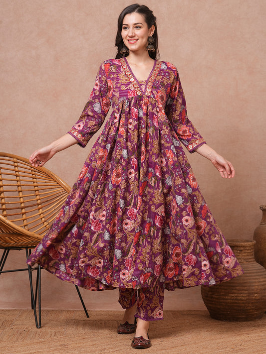Abstract Floral Printed Embroidered A-Line Pleated Kurta with Pant - Purple