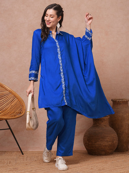 Solid Floral Embroidered Kaftan Co-ord Set - Blue