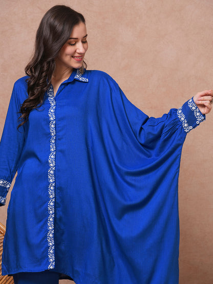 Solid Floral Embroidered Kaftan Co-ord Set - Blue