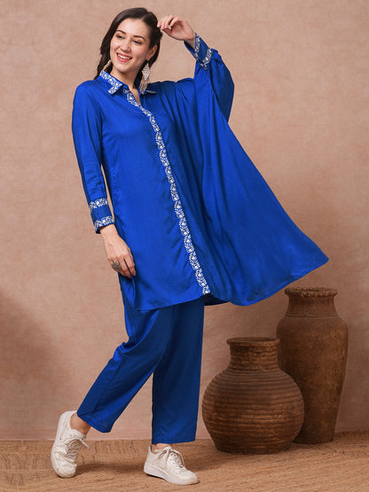 Solid Floral Embroidered Kaftan Co-ord Set - Blue