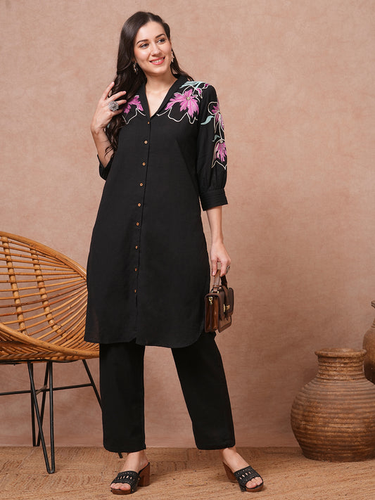 Solid Floral Embroidered A-Line Co-ord Set - Black