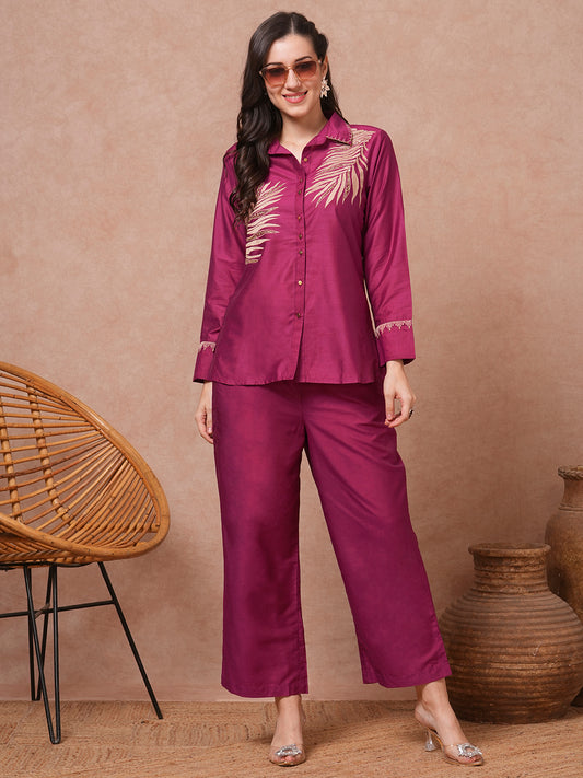 Solid Floral Embroidered Straight Fit Co-ord Set - Magenta