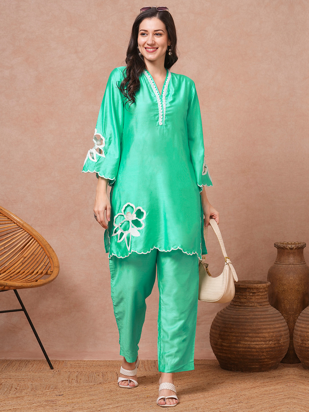 Solid Floral Cutwork Embroidered Straight Fit Co-ord Set - Green