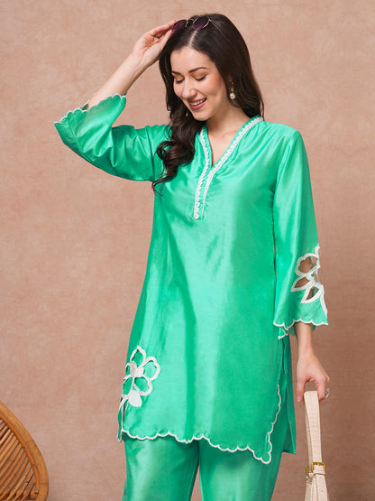 Solid Floral Cutwork Embroidered Straight Fit Co-ord Set - Green