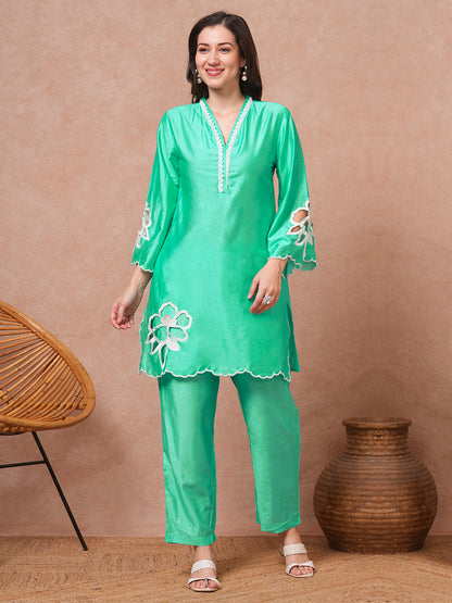 Solid Floral Cutwork Embroidered Straight Fit Co-ord Set - Green