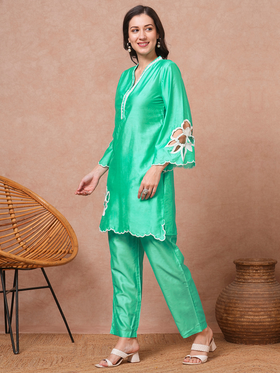 Solid Floral Cutwork Embroidered Straight Fit Co-ord Set - Green