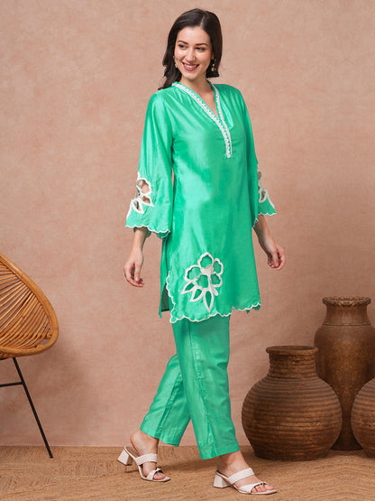 Solid Floral Cutwork Embroidered Straight Fit Co-ord Set - Green