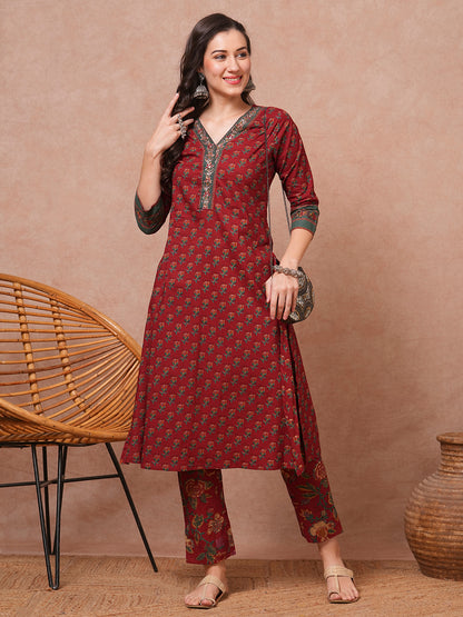 Ethnic Floral Printed Embroidered A-Line Kurta with Pant - Rust