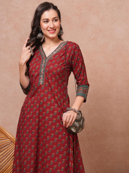 Ethnic Floral Printed Embroidered A-Line Kurta with Pant - Rust