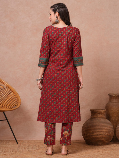 Ethnic Floral Printed Embroidered A-Line Kurta with Pant - Rust