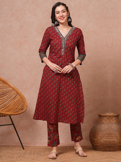 Ethnic Floral Printed Embroidered A-Line Kurta with Pant - Rust