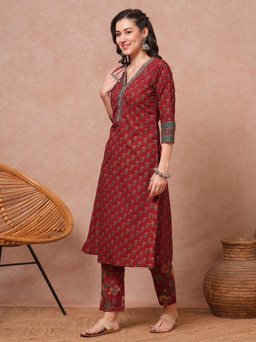 Ethnic Floral Printed Embroidered A-Line Kurta with Pant - Rust