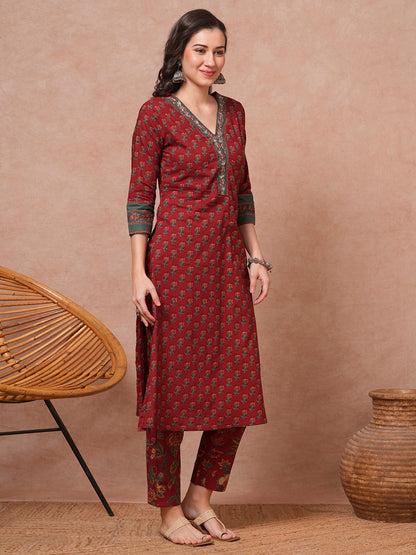 Ethnic Floral Printed Embroidered A-Line Kurta with Pant - Rust