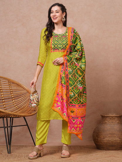 Ethnic Printed & Embroidered Straight Fit Kurta with Pant and Dupatta - Lime Green