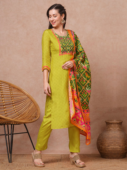 Ethnic Printed & Embroidered Straight Fit Kurta with Pant and Dupatta - Lime Green