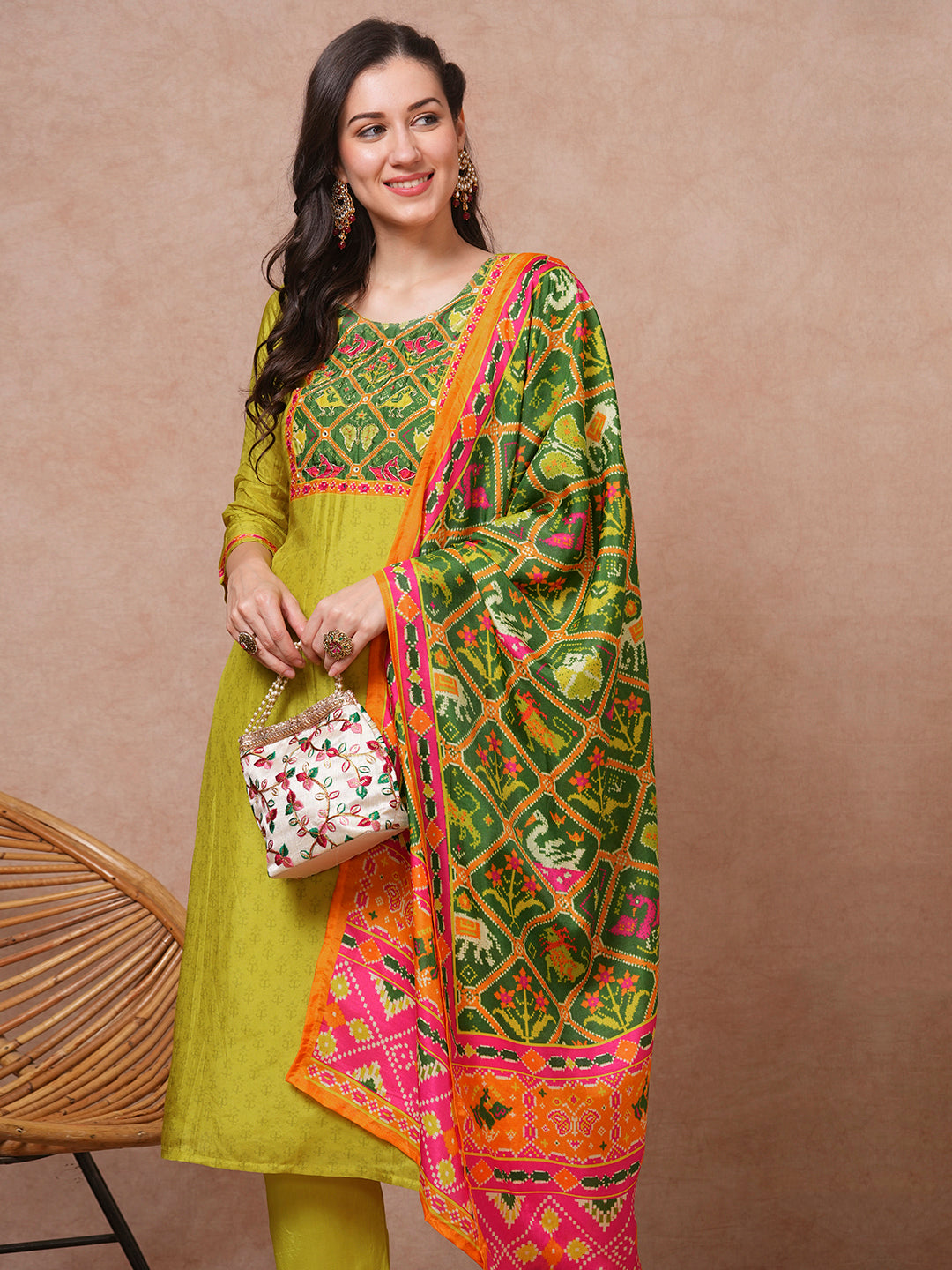 Ethnic Printed & Embroidered Straight Fit Kurta with Pant and Dupatta - Lime Green