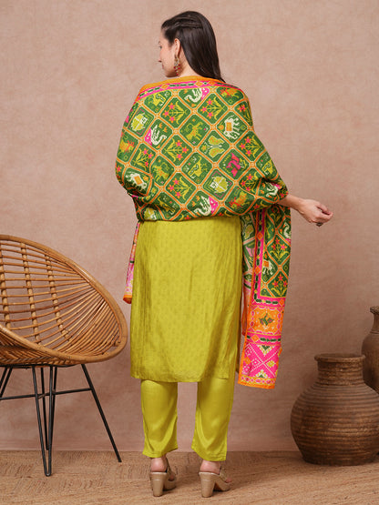 Ethnic Printed & Embroidered Straight Fit Kurta with Pant and Dupatta - Lime Green