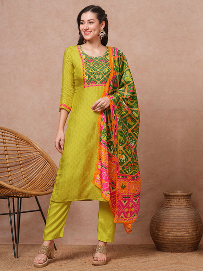 Ethnic Printed & Embroidered Straight Fit Kurta with Pant and Dupatta - Lime Green