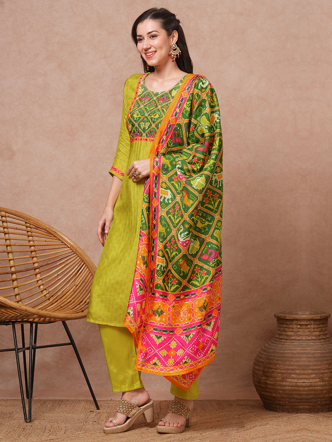 Ethnic Printed & Embroidered Straight Fit Kurta with Pant and Dupatta - Lime Green