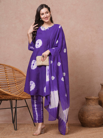 Tie - Dyed A-Line Kurta with Pant & Tie - Dyed Pure Cotton Dupatta - Purple