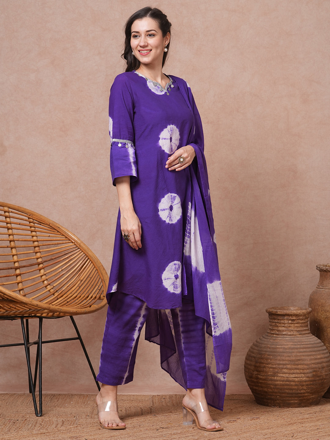 Tie - Dyed A-Line Kurta with Pant & Tie - Dyed Pure Cotton Dupatta - Purple