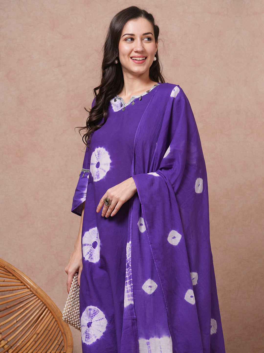 Tie - Dyed A-Line Kurta with Pant & Tie - Dyed Pure Cotton Dupatta - Purple