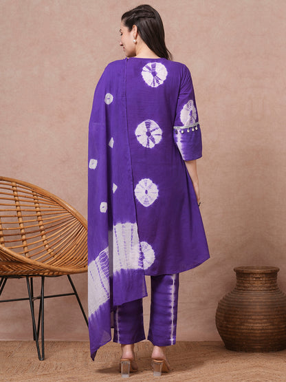 Tie - Dyed A-Line Kurta with Pant & Tie - Dyed Pure Cotton Dupatta - Purple