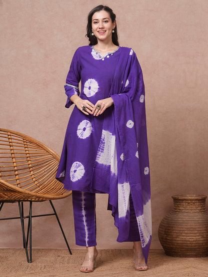 Tie - Dyed A-Line Kurta with Pant & Tie - Dyed Pure Cotton Dupatta - Purple