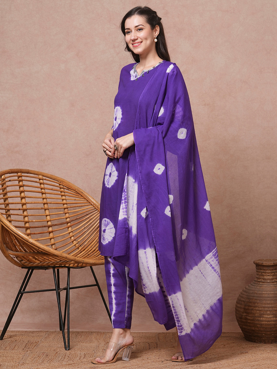 Tie - Dyed A-Line Kurta with Pant & Tie - Dyed Pure Cotton Dupatta - Purple