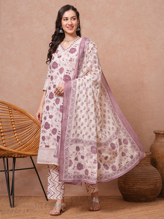 Floral Printed & Embroidered Straight Fit Kurta with Pant and Dupatta - Off White