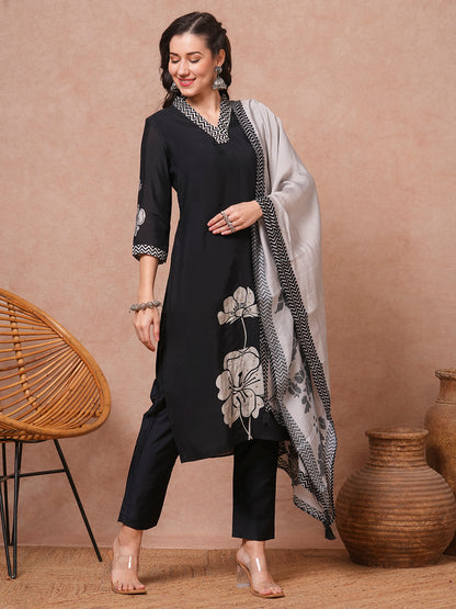 Abstract Floral Printed Embroidered Straight Fit Kurta with Pant and Dupatta - Black