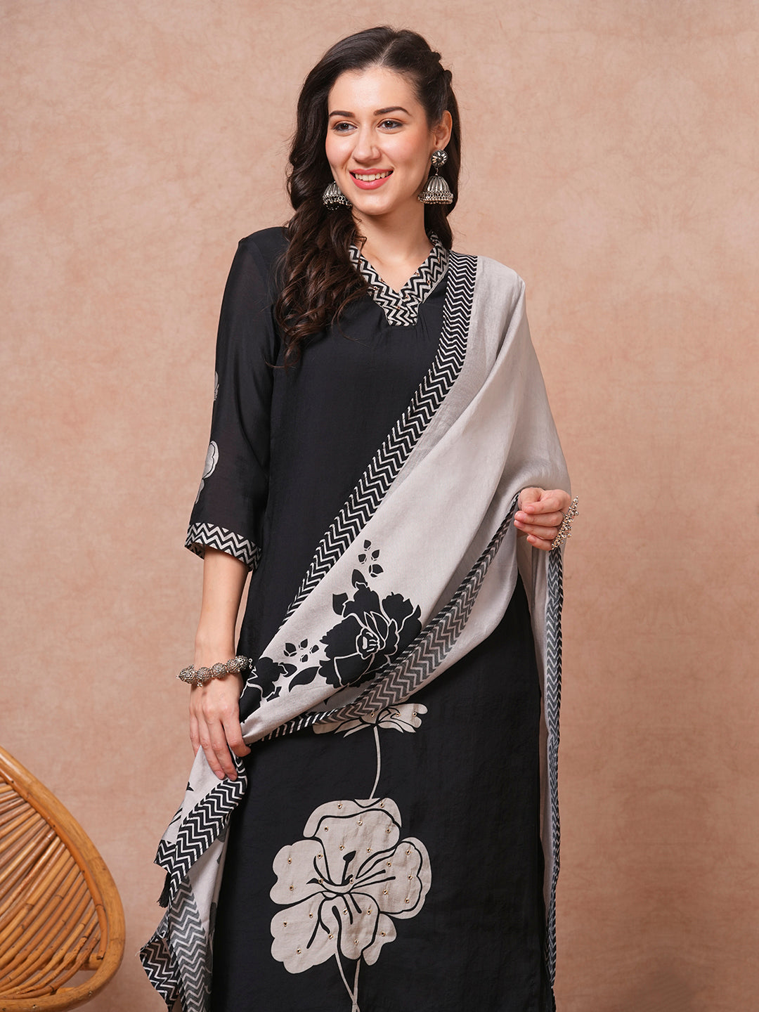 Abstract Floral Printed Embroidered Straight Fit Kurta with Pant and Dupatta - Black