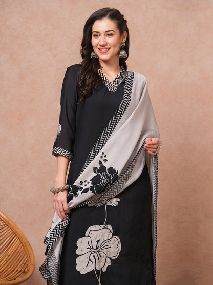 Abstract Floral Printed Embroidered Straight Fit Kurta with Pant and Dupatta - Black