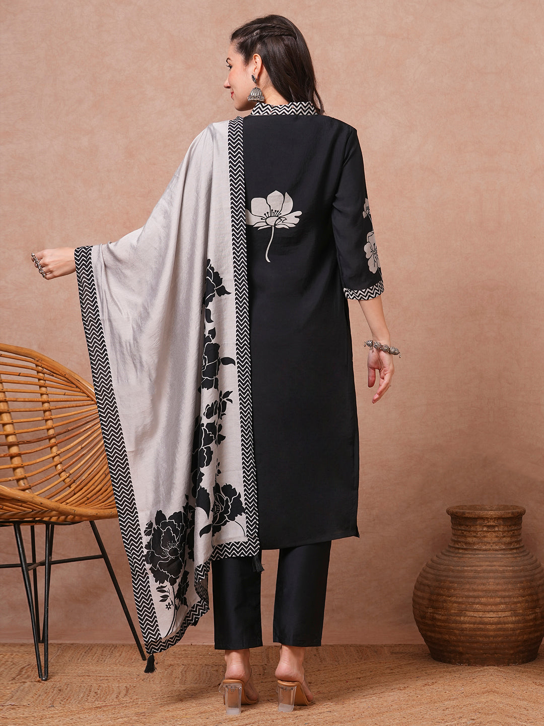 Abstract Floral Printed Embroidered Straight Fit Kurta with Pant and Dupatta - Black