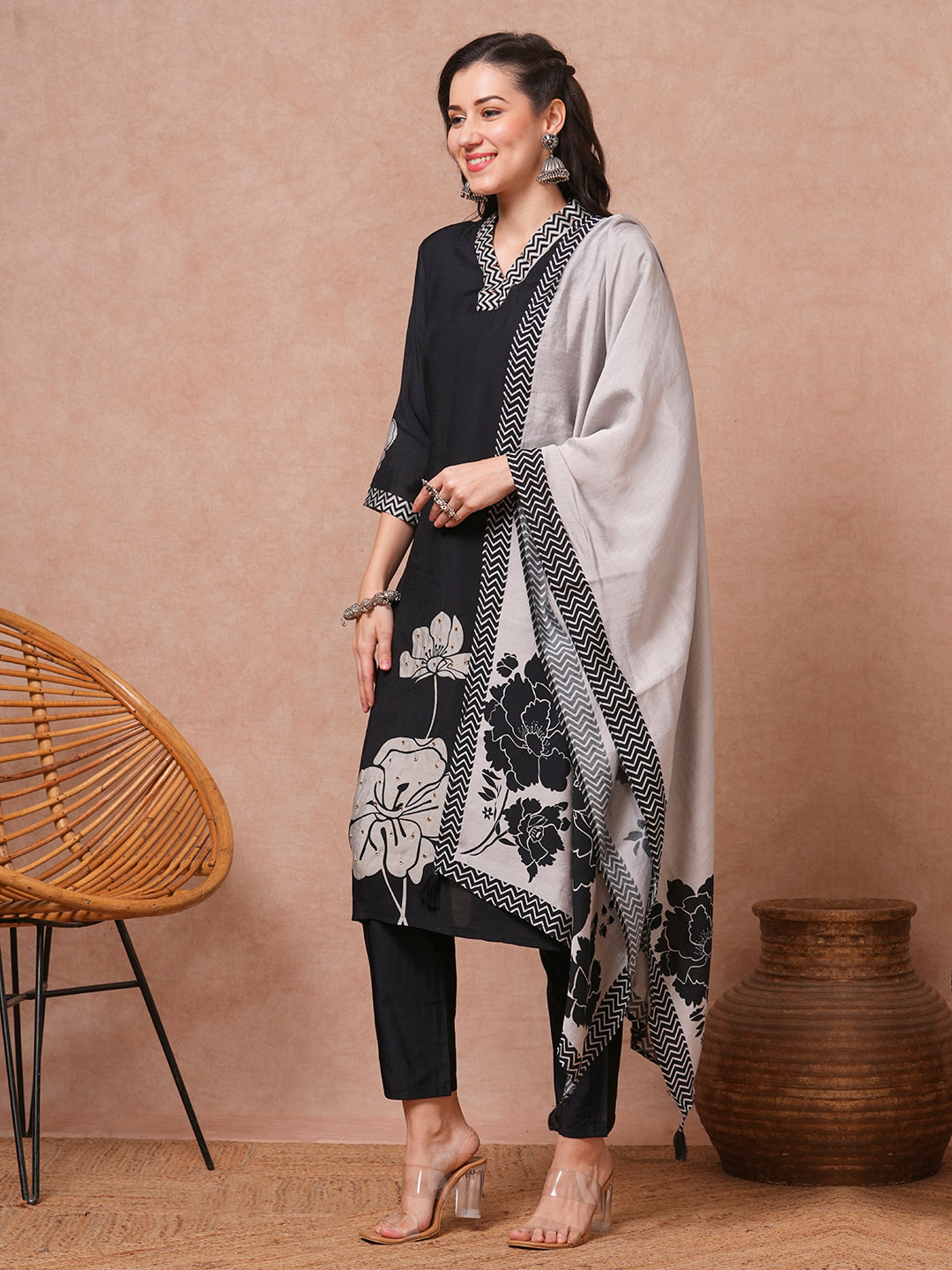 Abstract Floral Printed Embroidered Straight Fit Kurta with Pant and Dupatta - Black