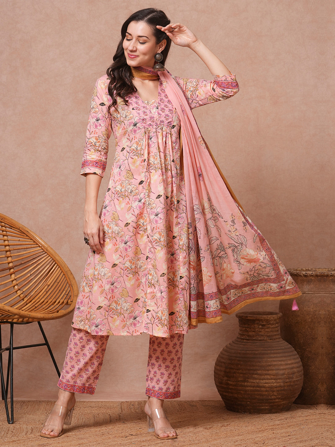 Ethnic Floral Printed & Embroidered A-Line Kurta with Pant & Dupatta - Peach