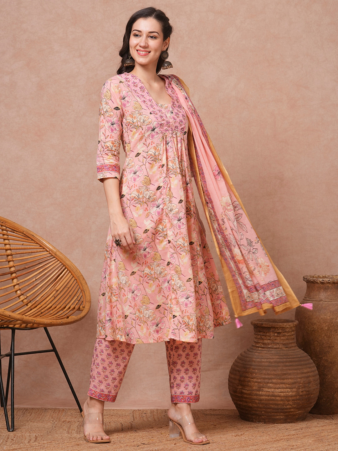 Ethnic Floral Printed & Embroidered A-Line Kurta with Pant & Dupatta - Peach