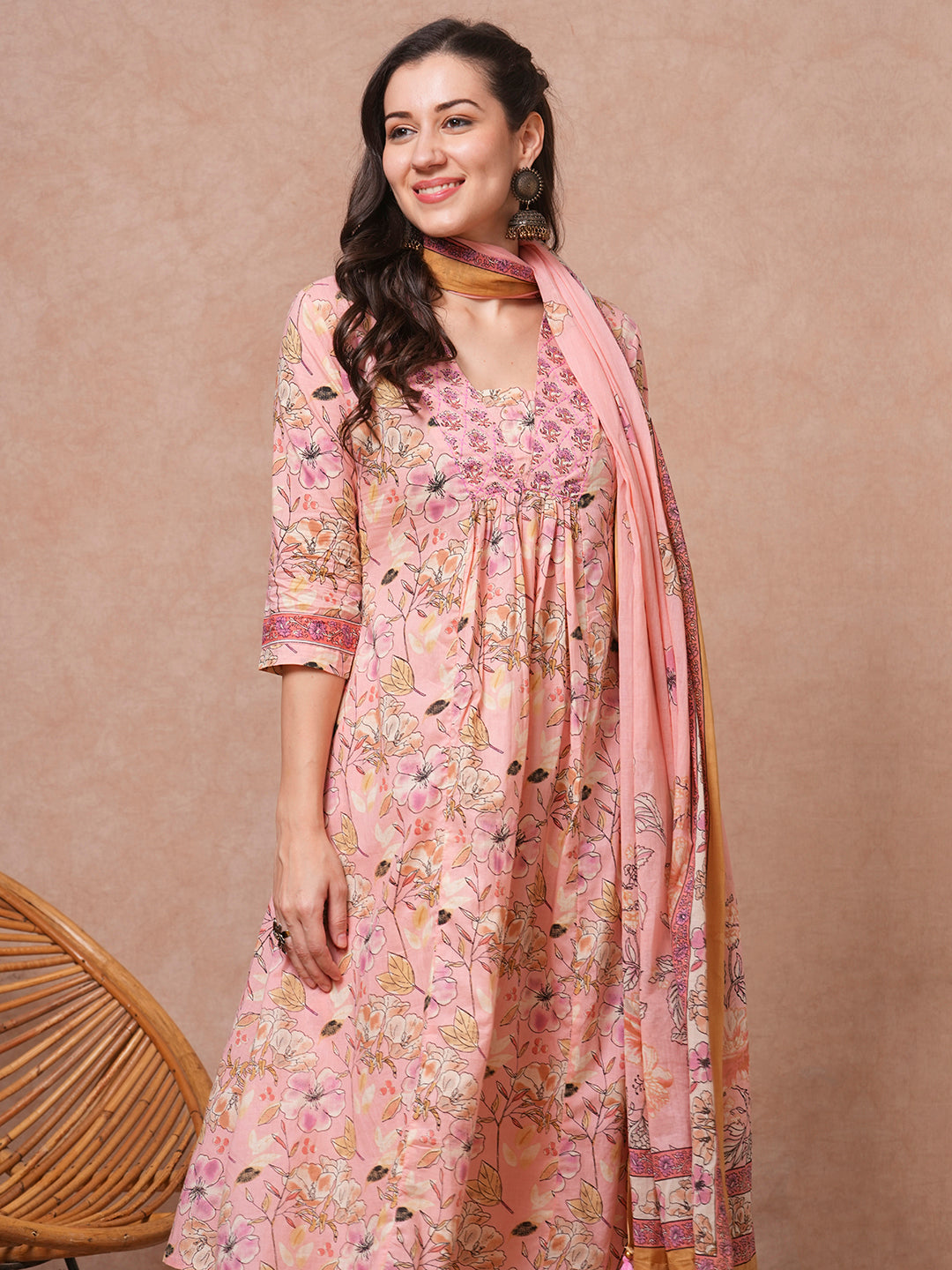 Ethnic Floral Printed & Embroidered A-Line Kurta with Pant & Dupatta - Peach