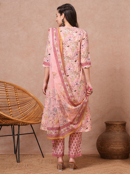 Ethnic Floral Printed & Embroidered A-Line Kurta with Pant & Dupatta - Peach