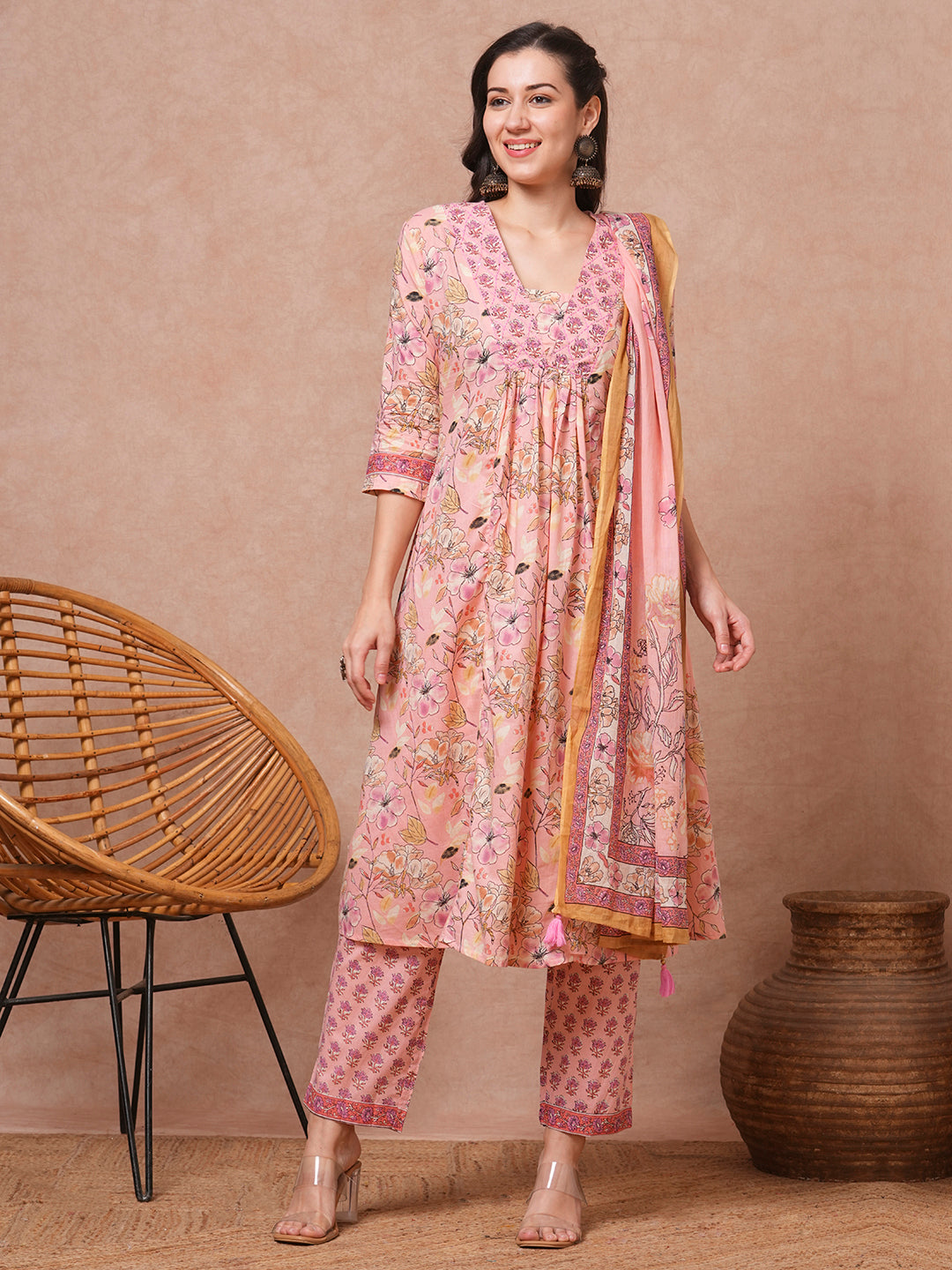 Ethnic Floral Printed & Embroidered A-Line Kurta with Pant & Dupatta - Peach